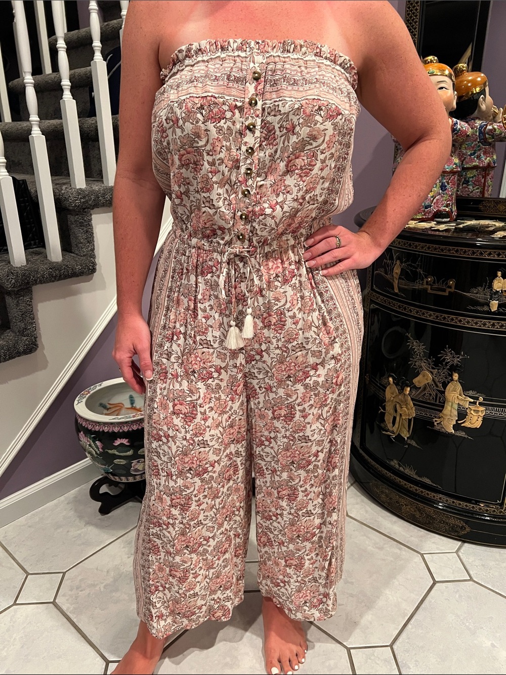 American Eagle Outfitters Strapless Floral Jumpsuit - Cream & Pink